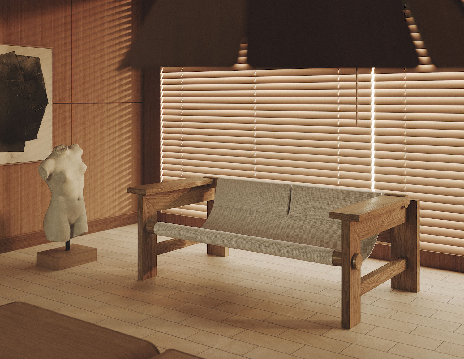 Furniture Collection by HAOS — A timber-framed sofa with exposed joinery at corners and cross-bracing displays linen upholstery with visible seam divisions across seat and back cushions.