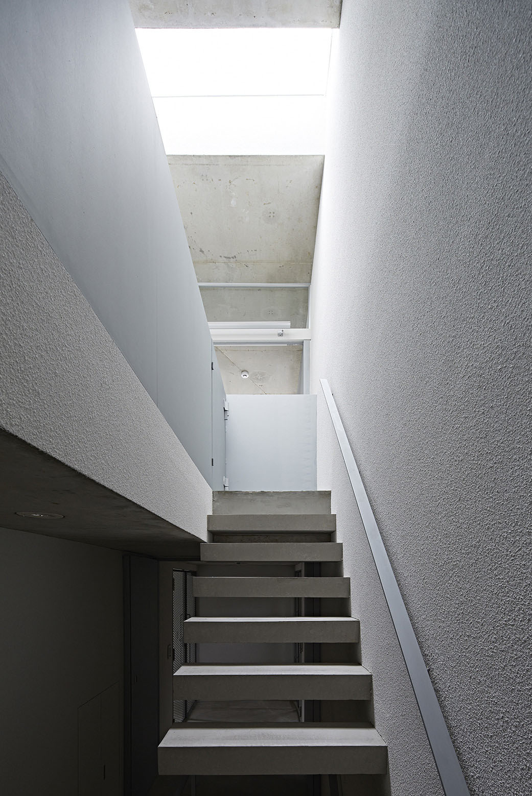 Oggi by Makoto Yamaguchi Design — A concrete staircase ascends through a narrow lightwell, its geometric severity softened by diffuse natural light filtering from above.