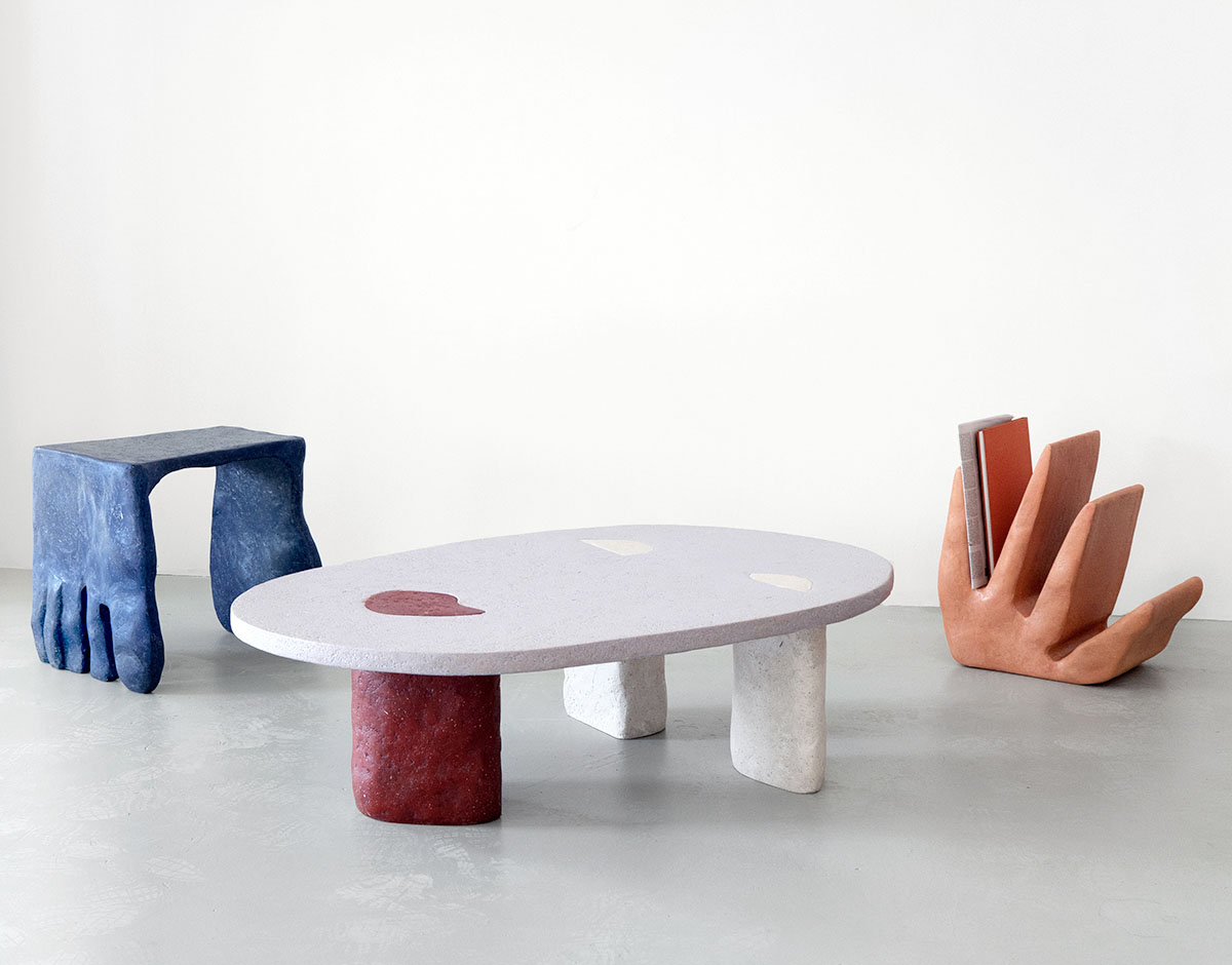 Roommates by Barbora Žilinskaite — Roommates presents three sculptural furniture objects arranged on a concrete floor.