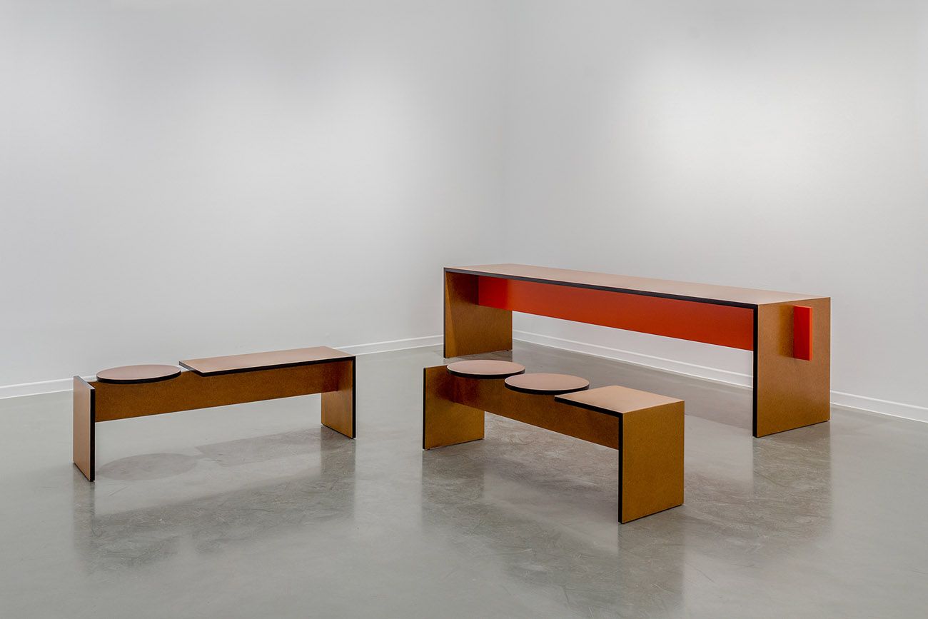 Entreplanta by Marta Ayala Herrera and Cito Ballesta — Entreplanta's modular furniture system comprises a large table and two matching benches arranged in a gallery setting.
