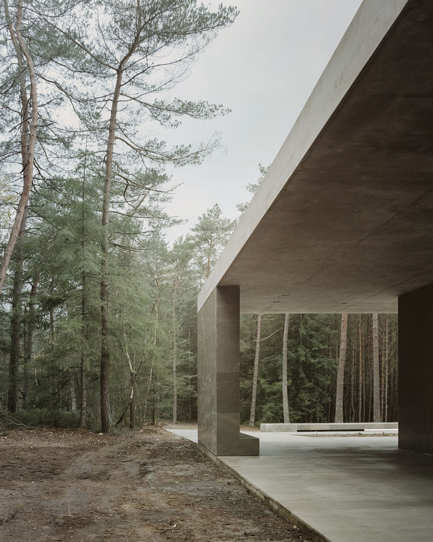 Loenen Pavilion by KAAN Architecten — The Loenen Pavilion's forest-facing elevation reveals a monolithic concrete structure in asymmetric profile, its flat roof aligning with surrounding pine...