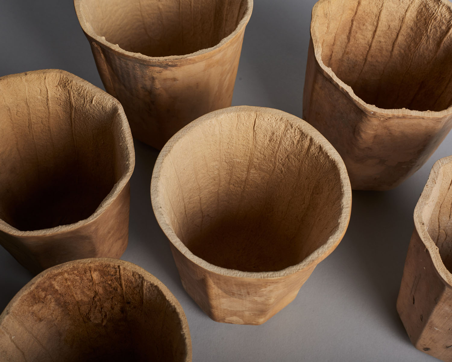 Biodegradable HyO-Cup by Crème — Overhead composition of five dried gourd vessels in various stages of completion, arranged across neutral grey surface.