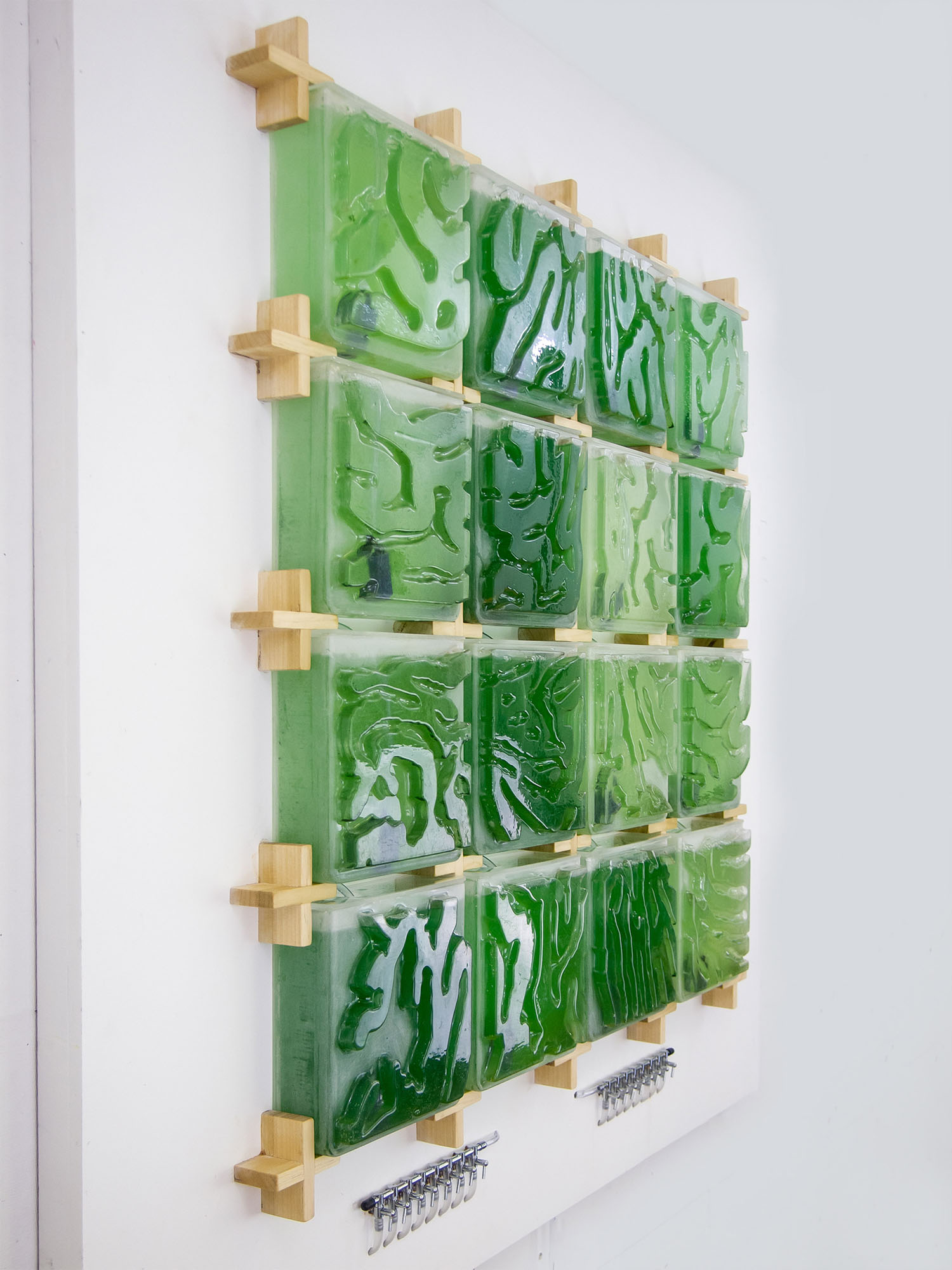 The Coral by Hyunseok An — The Coral bioreactor system displays five stacked rectangular chambers in graduated green intensities, from pale to deep saturated hues.
