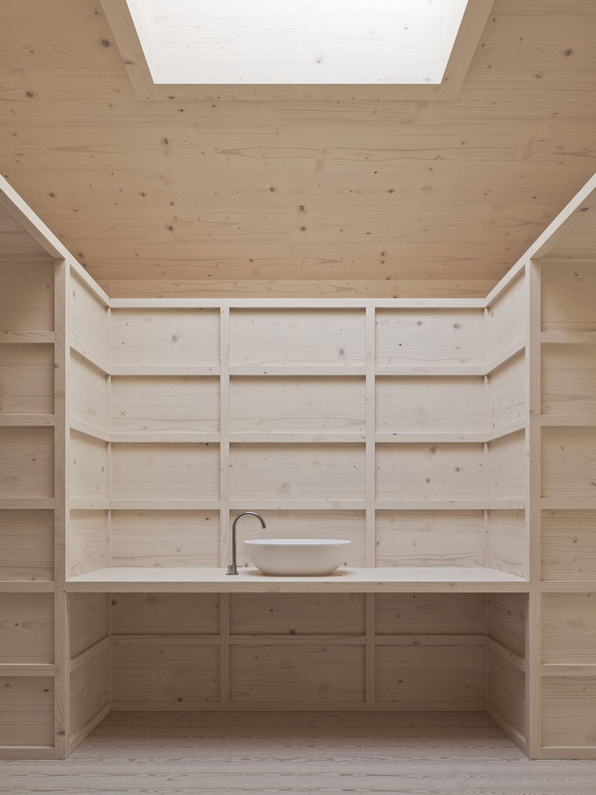 House on two stairs by Förstberg Ling — Interior view of a timber-lined bathroom within the House on Two Stairs, featuring a cross-laminated timber post-and-beam structure.