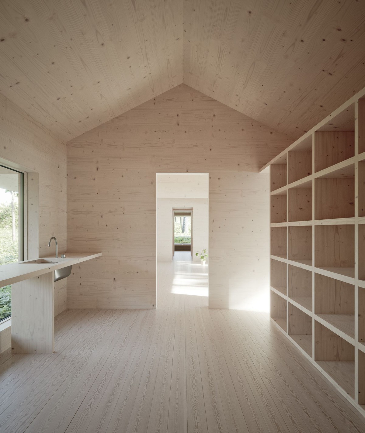 House on two stairs by Förstberg Ling — Interior passage of pinewood construction, showing cross-laminated timber wall divisions creating sequential spatial enfilade.