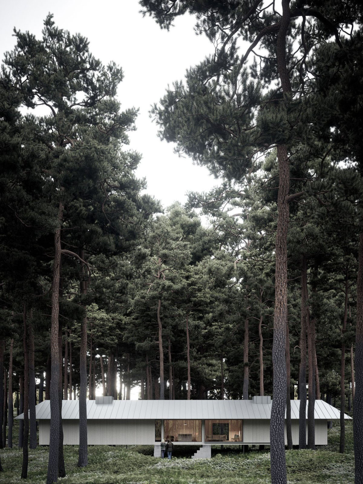 House on two stairs by Förstberg Ling — A modernist timber-clad pavilion sits elevated on steel legs within a dense pine forest near Yngsjö, Sweden.