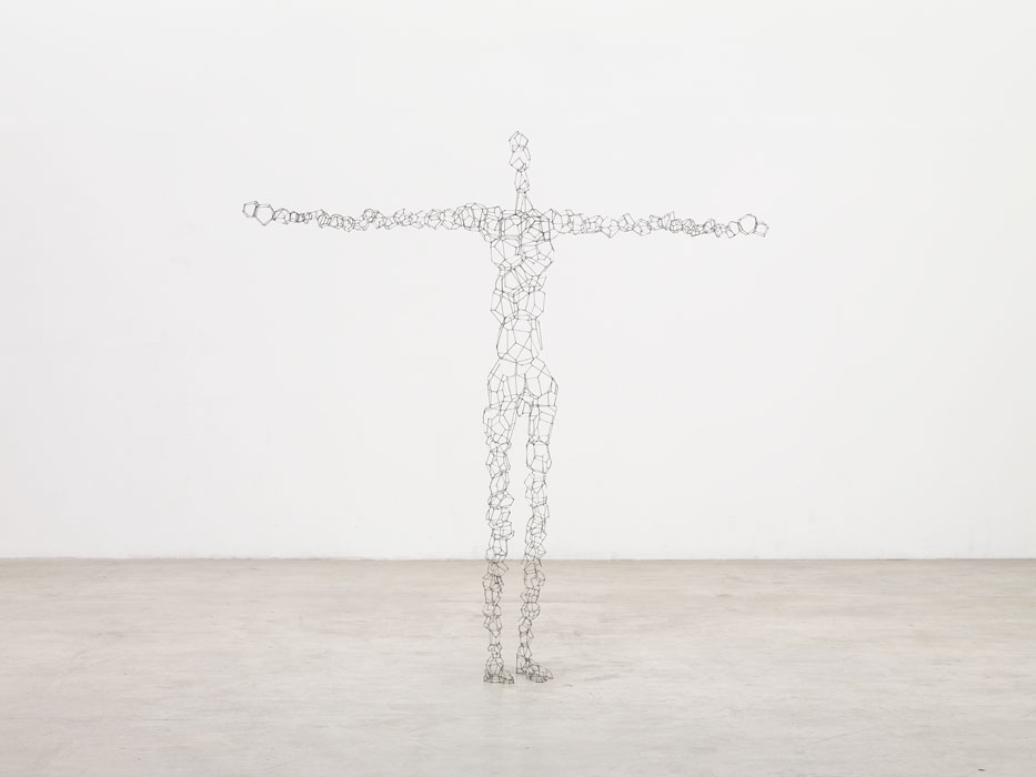 Sculptures by Antony Gormley — Wire-frame construction of a cruciform human figure rendered in delicate linear elements against a neutral gallery wall.