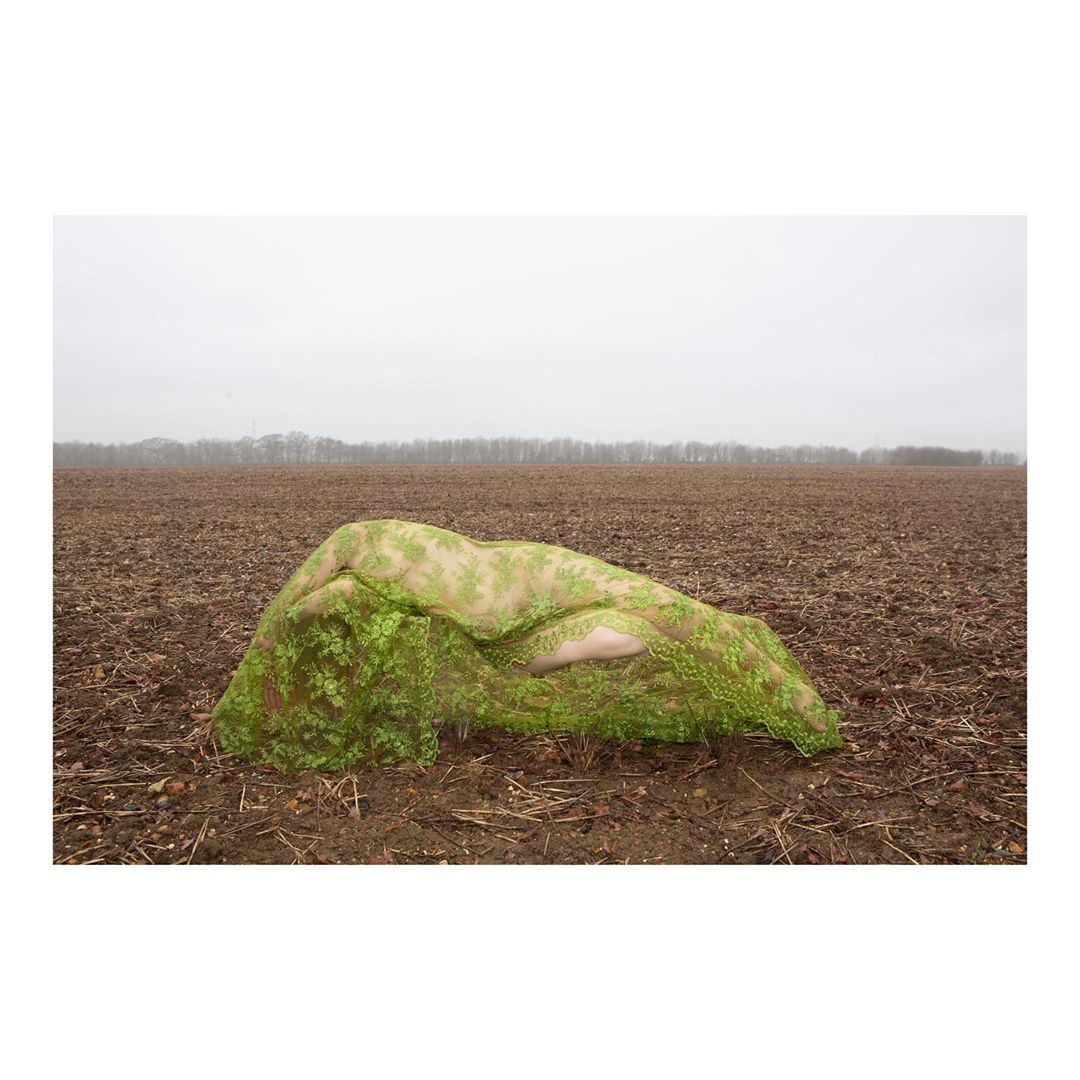 Selected works by Polly Penrose — A moss-covered stone or concrete form lies horizontally across bare agricultural soil, its surface densely colonized by bright green lichen or algae.