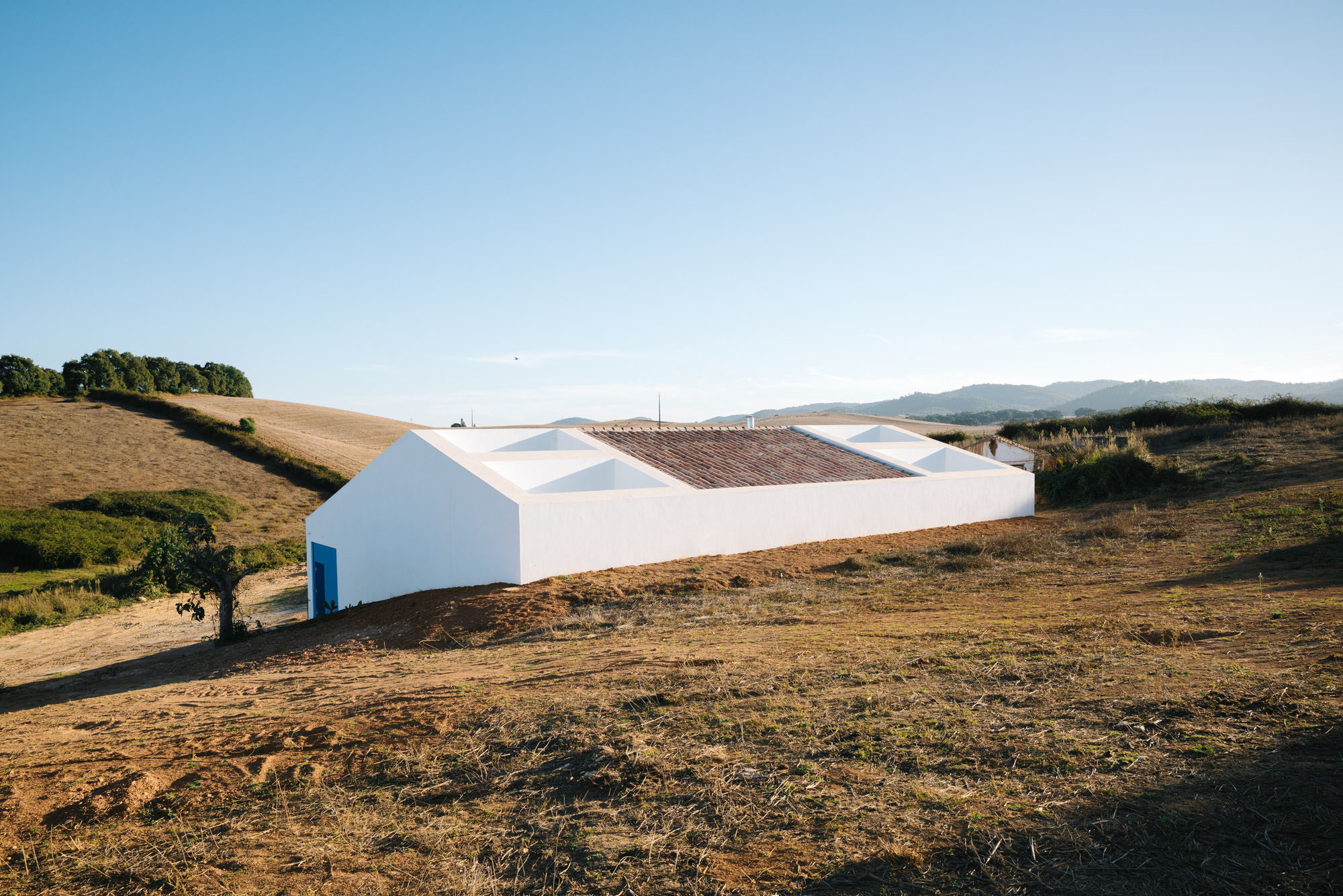 Cercal House by Atelier Data — Cercal House presents a rendered white facade with minimal fenestration, positioned horizontally across sloping terrain in the Alentejo valley.