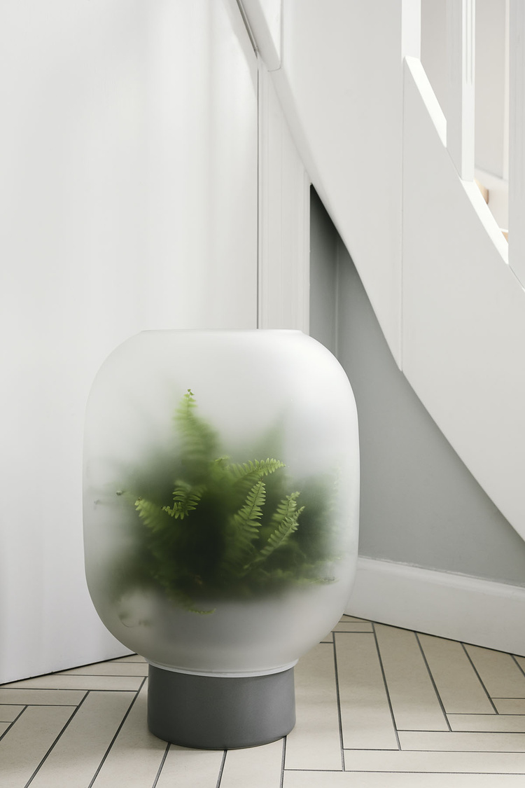 Nebl by Studio Rem — Nebl planter positioned in a minimalist interior corner, demonstrating the versatility of its two-aperture glass dome system.