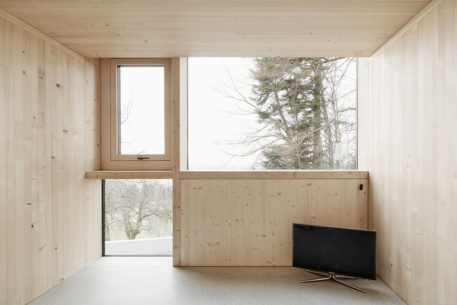 House Hohlen by Jochen Specht — Interior view of the timber-clad volume reveals the systematic fenestration strategy employed throughout House Hohlen.