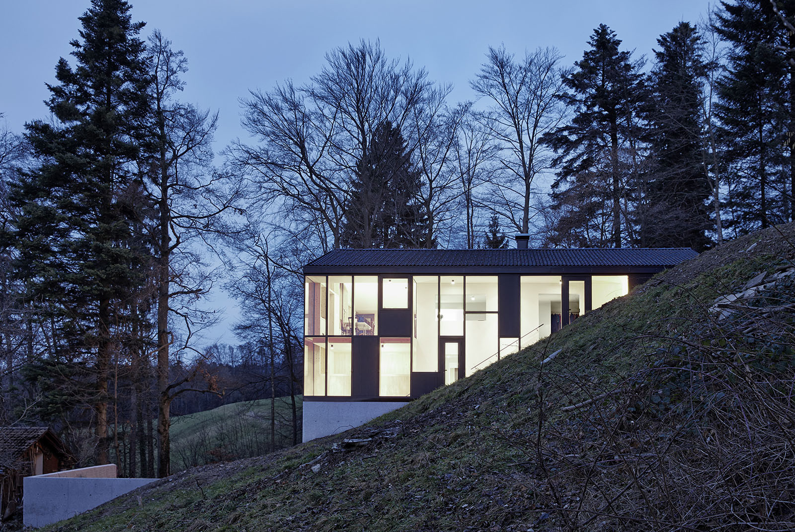 House Hohlen by Jochen Specht — House Hohlen's upper volume floats above a recessed concrete plinth, its black-framed gridded facade composed of alternating opaque and transparent panels.