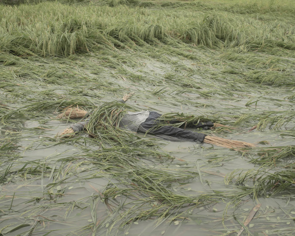 Ebbing away of Identity with the Tides by Sushavan Nandy — A photograph documenting human remains partially submerged in floodwater amid dense vegetation and debris.