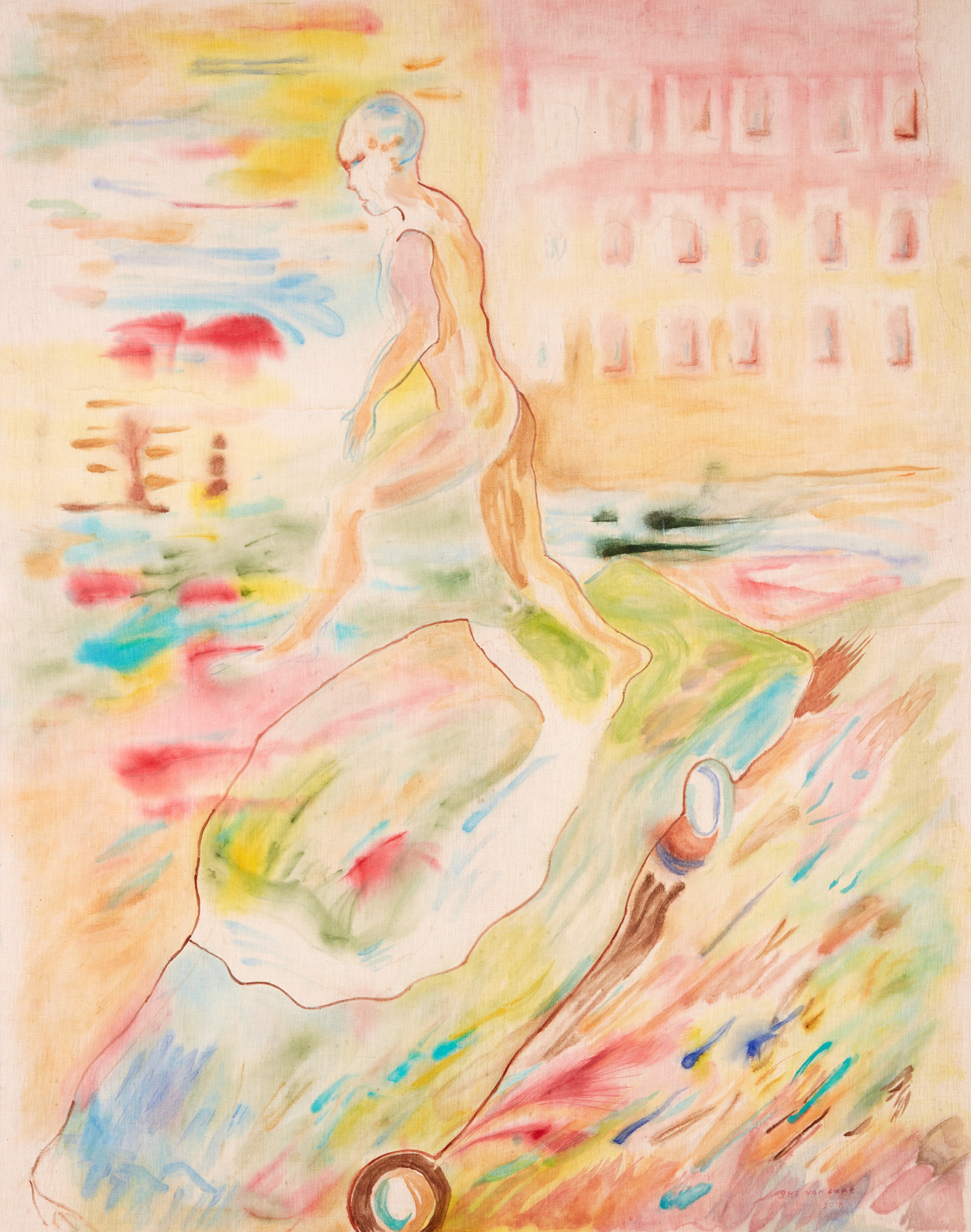 Recent Paintings, Hollywood Boulevard by Gus Van Sant — A standing male nude rendered in warm ochre and brown outlines occupies the composition's left half, set against a pale cream background.