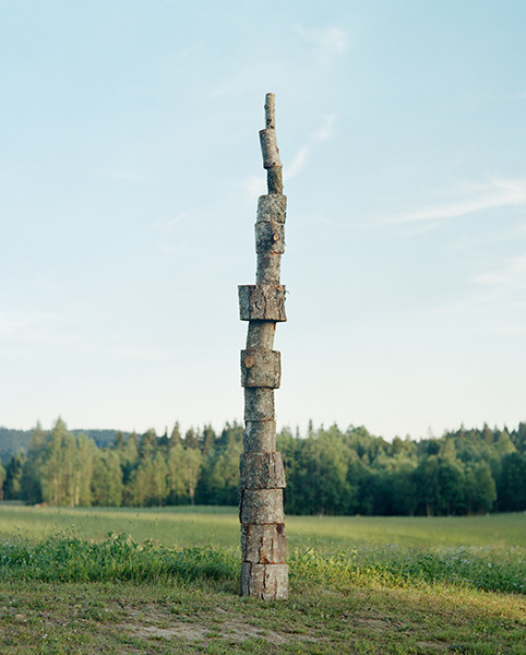 The Circle and the Line by Erik Östensson — A single wooden post rises vertically from a flat, grassy field against a forested horizon.