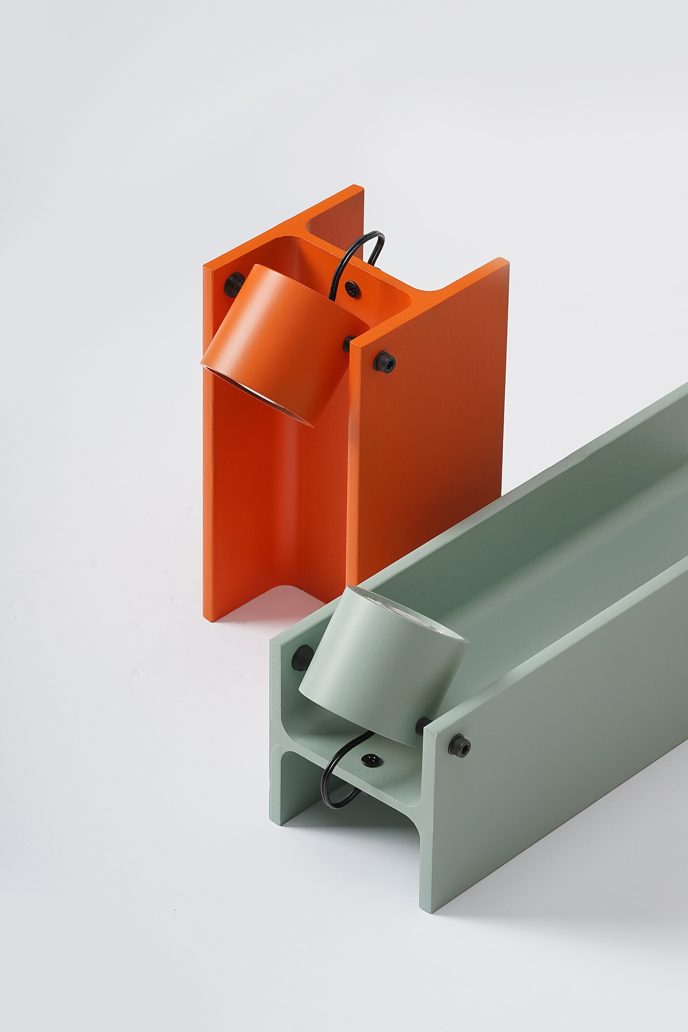 H-beam Lamp Series by SF-SO — The H-beam Lamp Series presents two distinct orientations of modular lighting objects in sheet metal and steel.