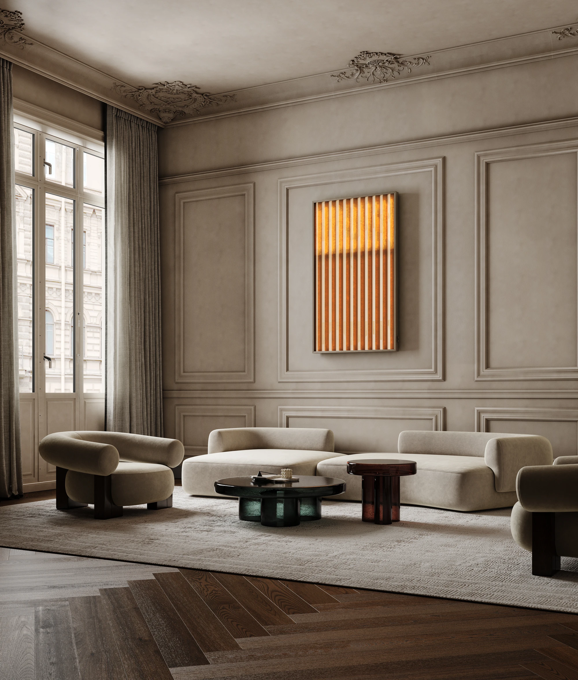 Königswinter Light Sculpture by Heilig Objects, amber fibreglass panels, reclaimed material, collectible design, Germany