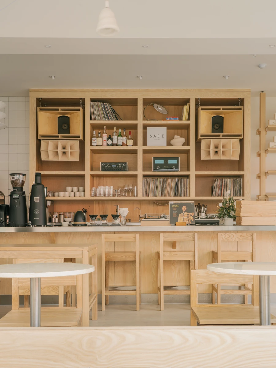 Poly Cafe by poly, Hapjeong Seoul, sound-focused interior, vinyl records, hi-fi, warm wood tones, @jooyoun.g
