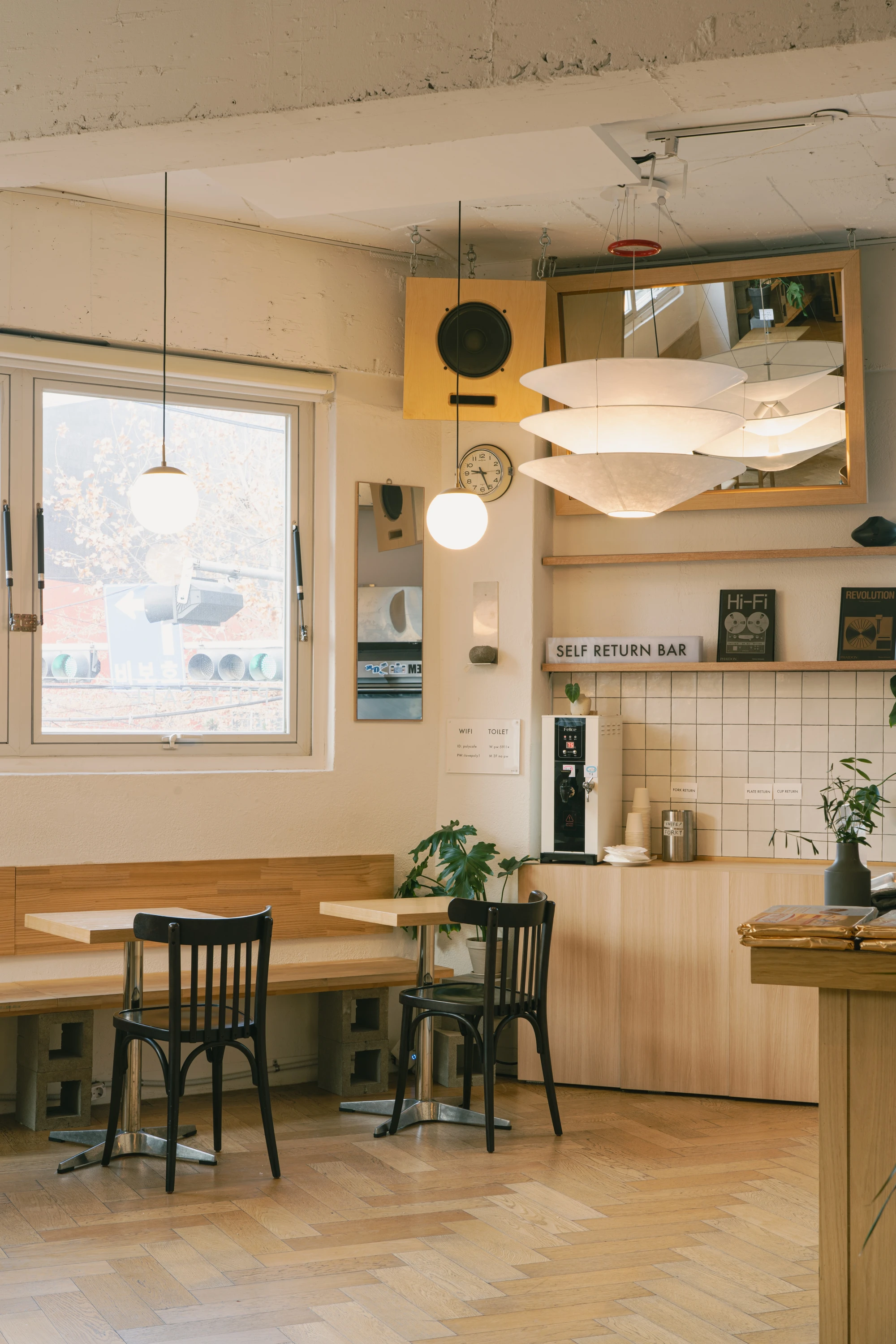 Poly Cafe by poly, Hapjeong Seoul, sound-focused interior, vinyl records, hi-fi, warm wood tones, @jooyoun.g