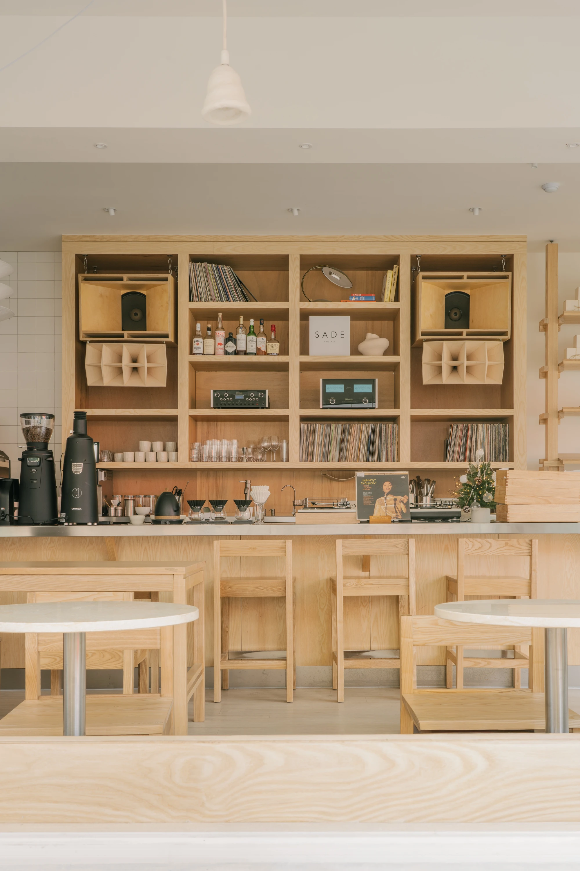 Poly Cafe by poly, Hapjeong Seoul, sound-focused interior, vinyl records, hi-fi, warm wood tones, @jooyoun.g