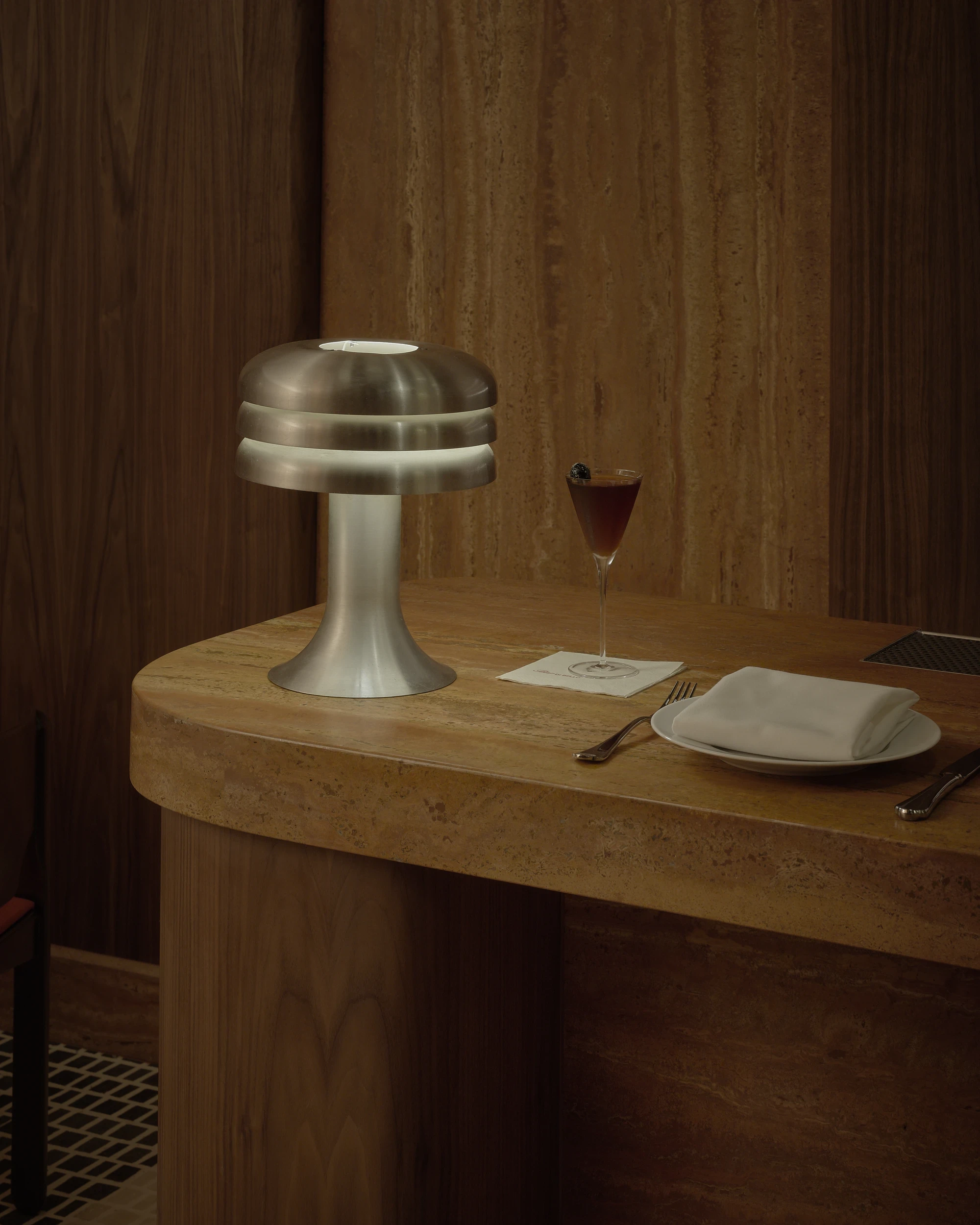 BAR di BELLO by 22RE, Silver Lake Los Angeles, red travertine bar, walnut millwork, Vico Magistretti chairs, Italian modernist restaurant interior
