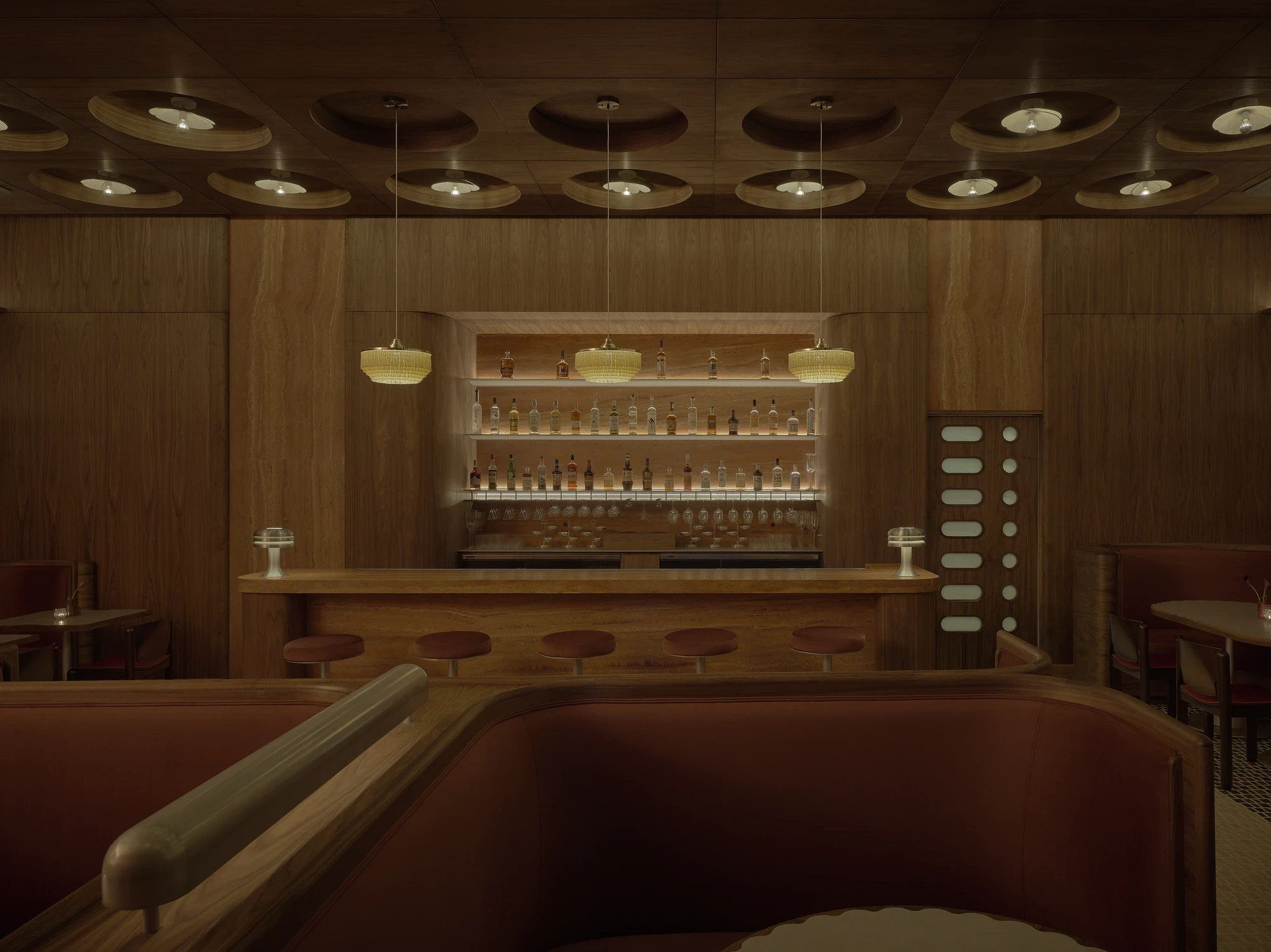 BAR di BELLO by 22RE, Silver Lake Los Angeles, red travertine bar, walnut millwork, Vico Magistretti chairs, Italian modernist restaurant interior