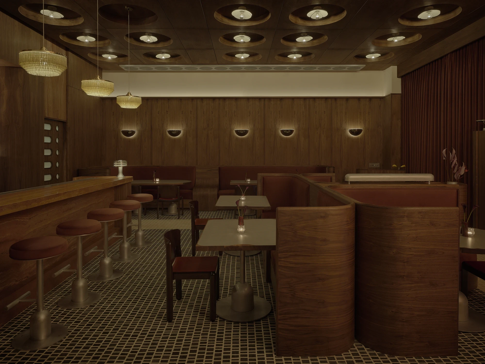 BAR di BELLO by 22RE, Silver Lake Los Angeles, red travertine bar, walnut millwork, Vico Magistretti chairs, Italian modernist restaurant interior