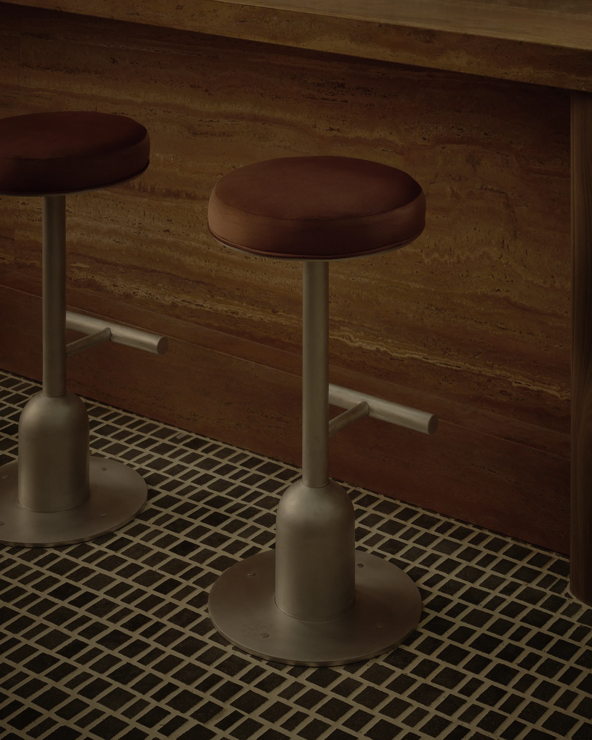 BAR di BELLO by 22RE, Silver Lake Los Angeles, red travertine bar, walnut millwork, Vico Magistretti chairs, Italian modernist restaurant interior