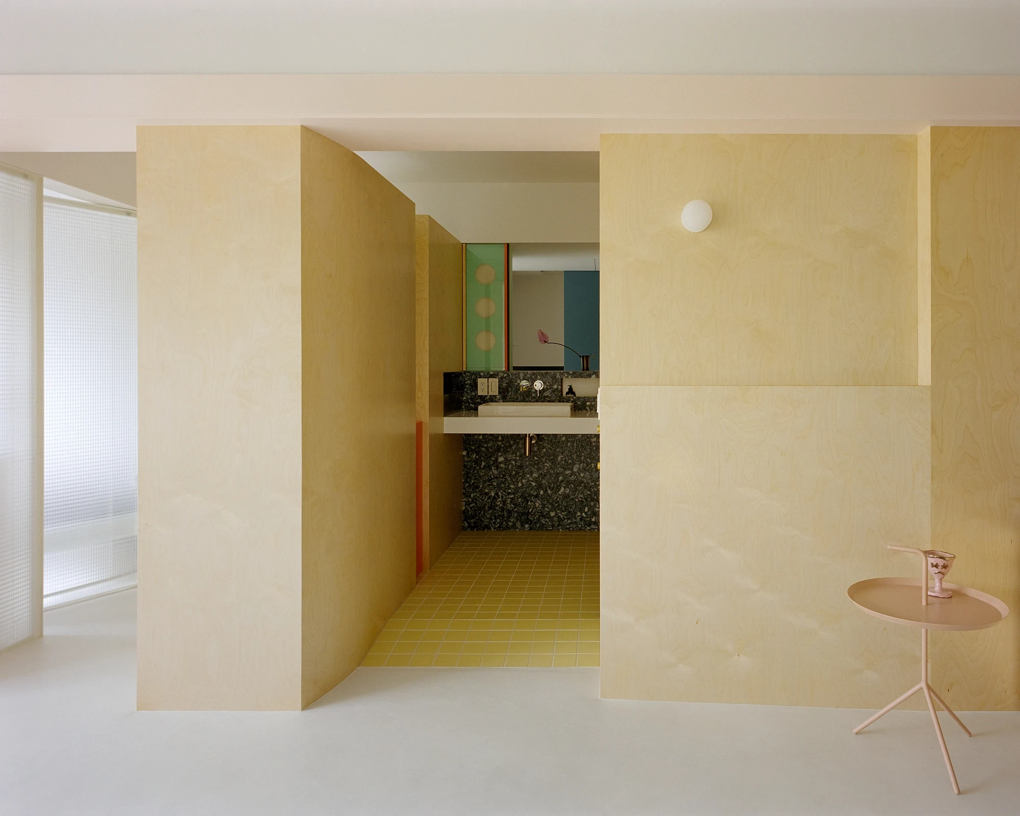 L'appartement Hu by OUJ, Taipei Taiwan 2025, 72sqm public housing apartment renovation, birch plywood central block, fluted frosted glass light box, cross-generational living