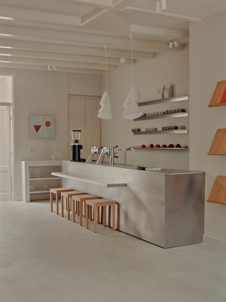 Two Story by Atelier Axo, Amsterdam Netherlands, art gallery design store café, canal house interior, brushed stainless steel bar, Peter Dalsgaard