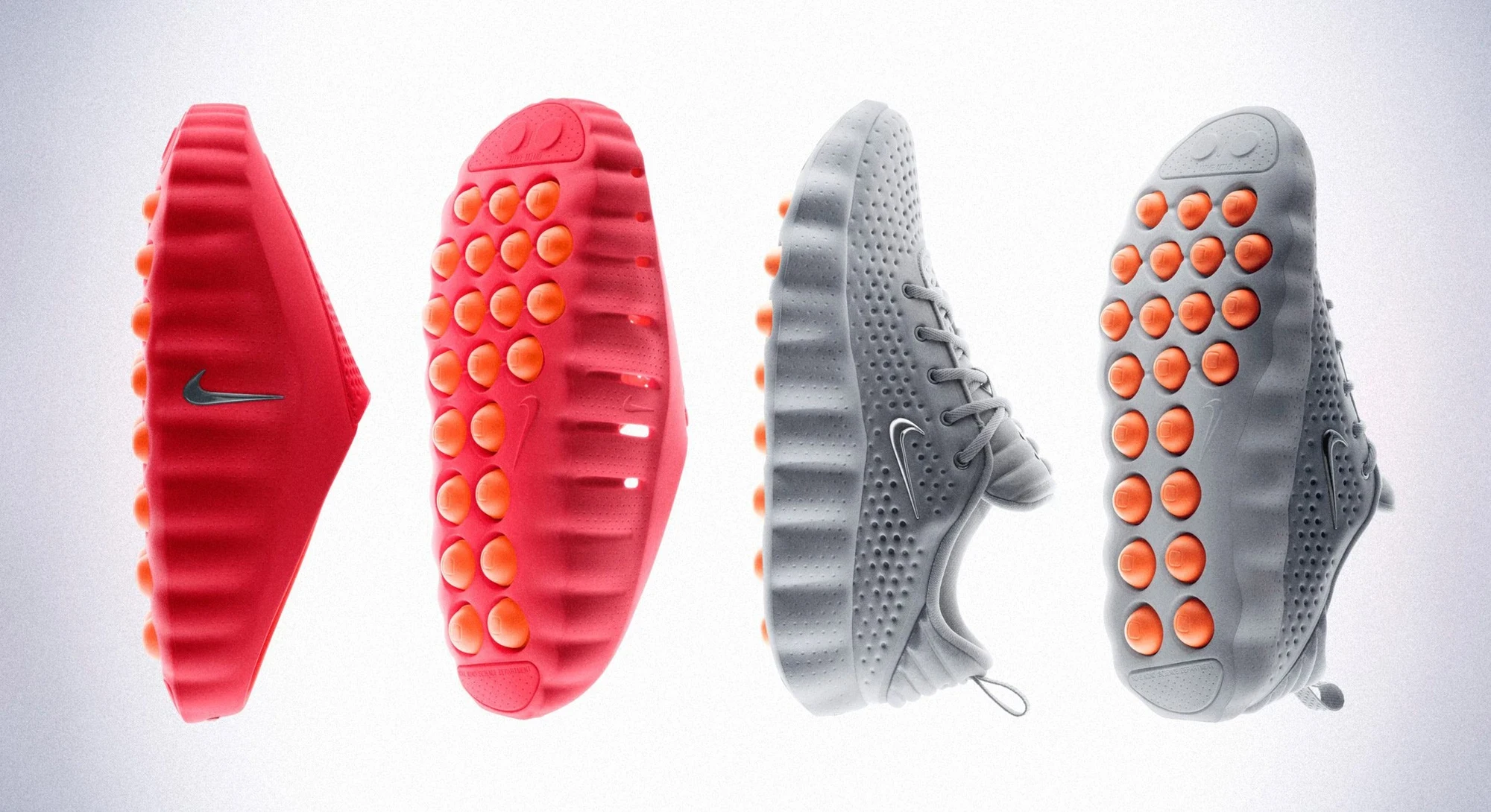 Nike Mind 001 + 002 — Four sole-unit studies present Nike's neural-response mapping system through side and plantar views.