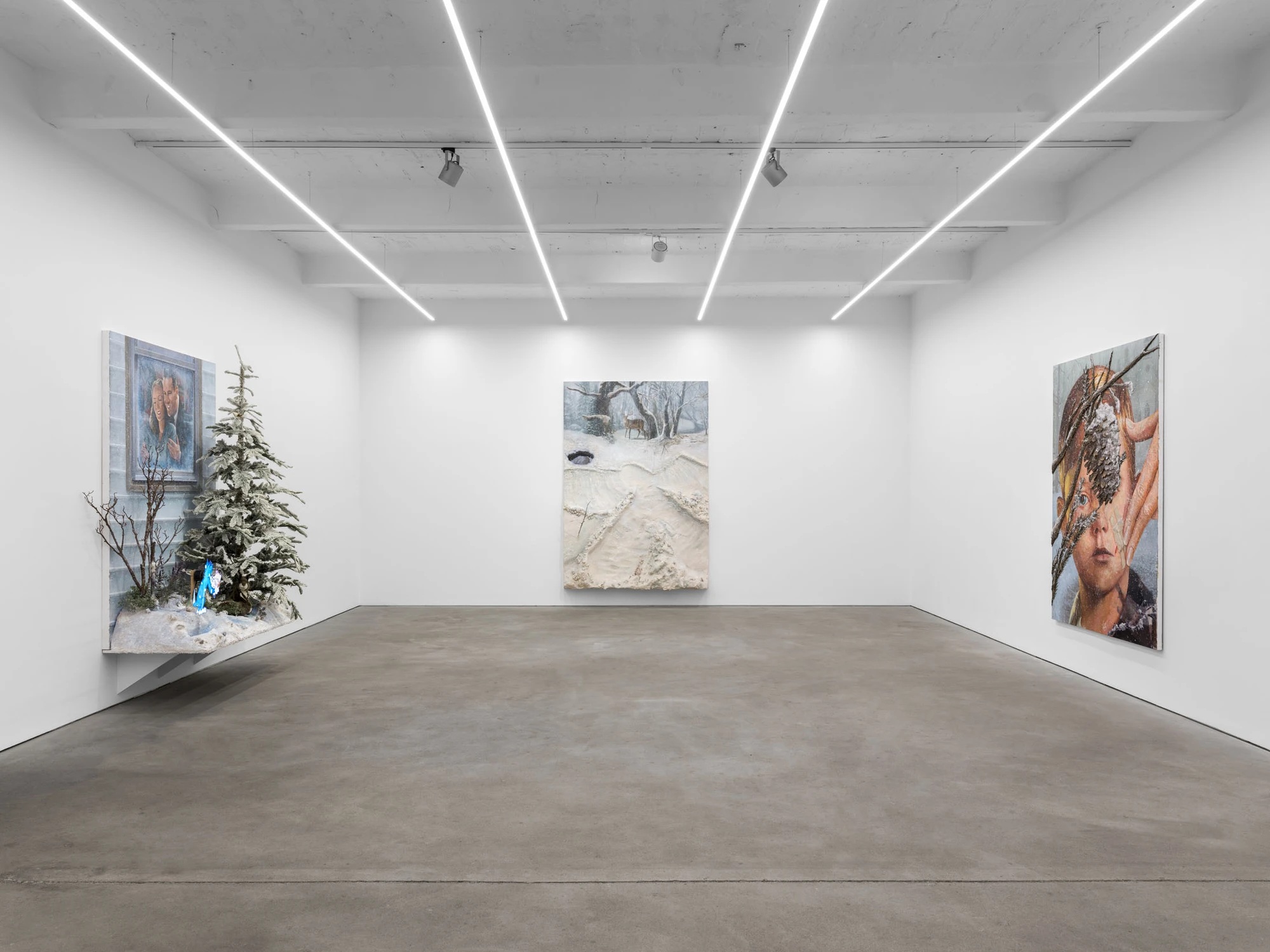 Cold Front by Trey Abdella at Kraupa-Tuskany Zeidler — Abdella's installation presents three large-scale works within a gallery defined by linear neon ceiling lights and polished concrete flooring.