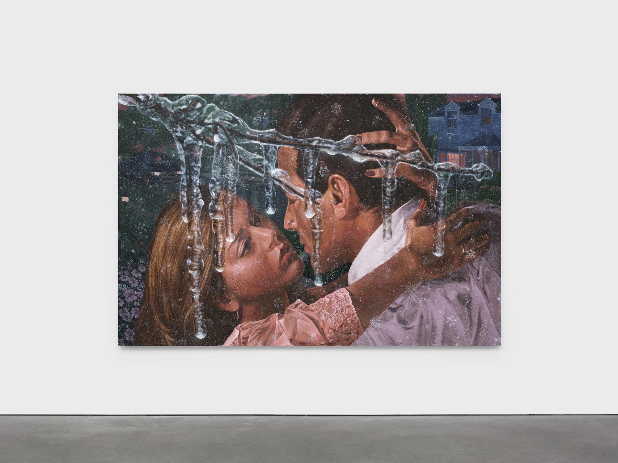 Cold Front by Trey Abdella at Kraupa-Tuskany Zeidler — A printed or painted window pane depicts a smiling couple in a warm domestic interior rendered in muted mid-century tones—salmon pink, cream, soft blues.