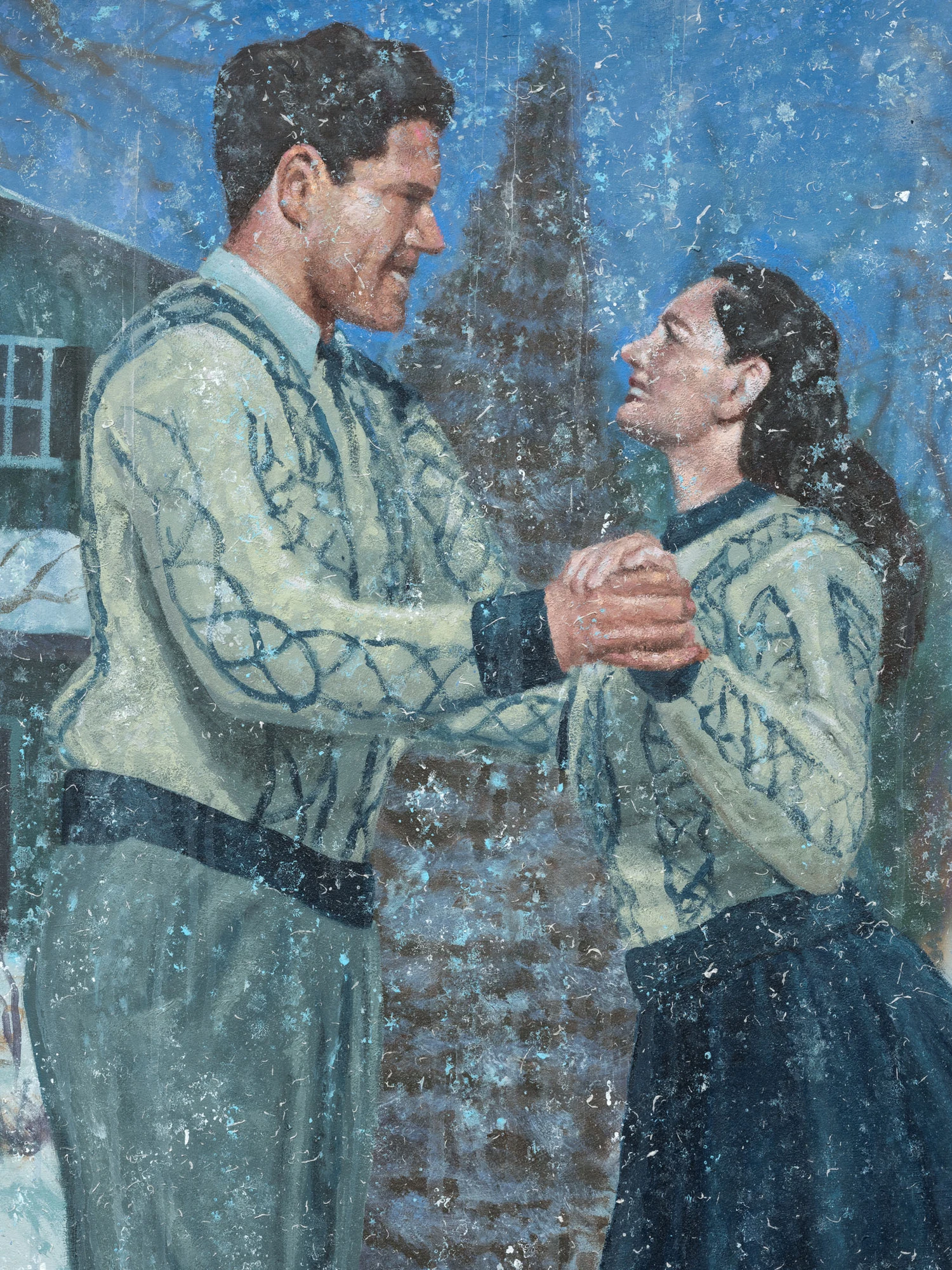 Cold Front by Trey Abdella at Kraupa-Tuskany Zeidler — A layered assemblage combines a printed or painted mid-century domestic scene—a smiling couple in muted pastels against a weathered blue wall—with...