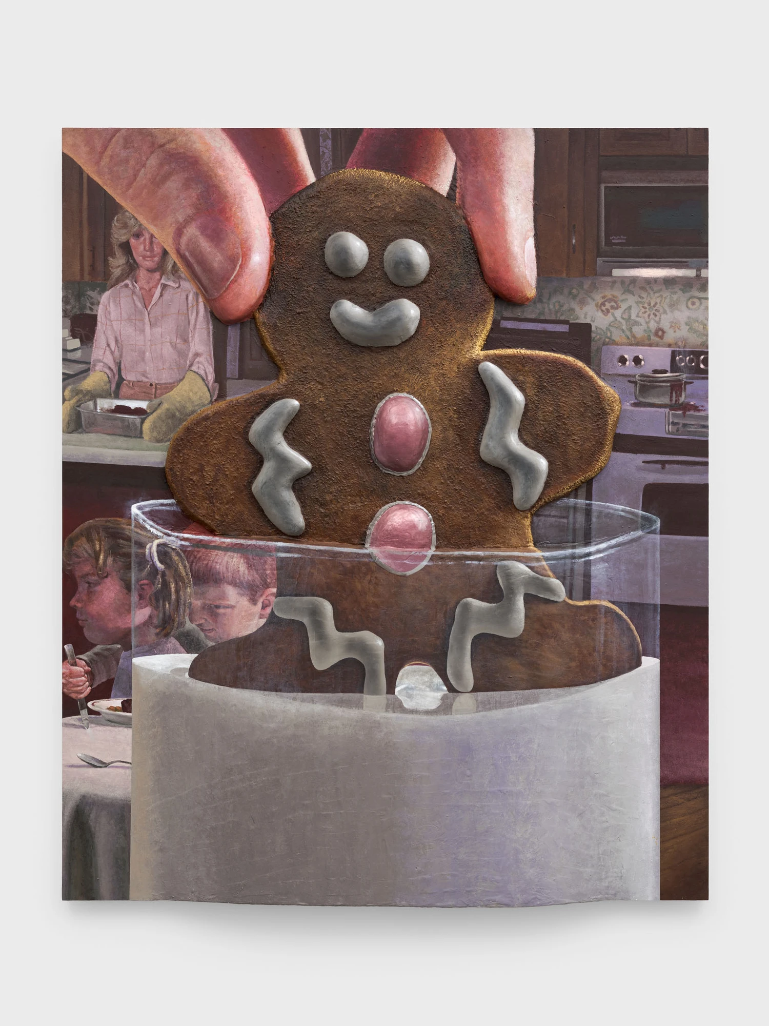 Cold Front by Trey Abdella at Kraupa-Tuskany Zeidler — A three-dimensional gingerbread figure, rendered with hyper-realistic detail, emerges from a translucent acrylic display case lined with white resin.