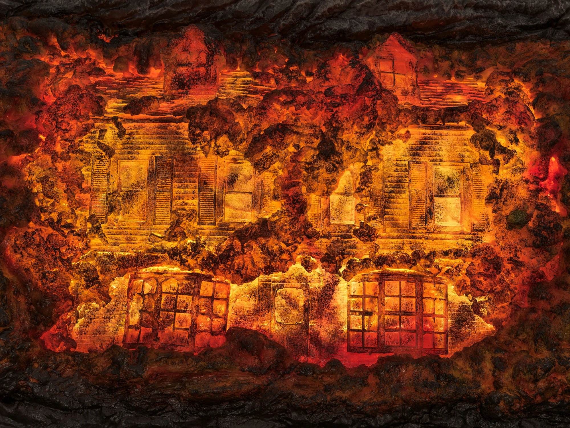 Cold Front by Trey Abdella at Kraupa-Tuskany Zeidler — A structure engulfed in flames renders a domestic interior scene nearly illegible beneath the inferno.