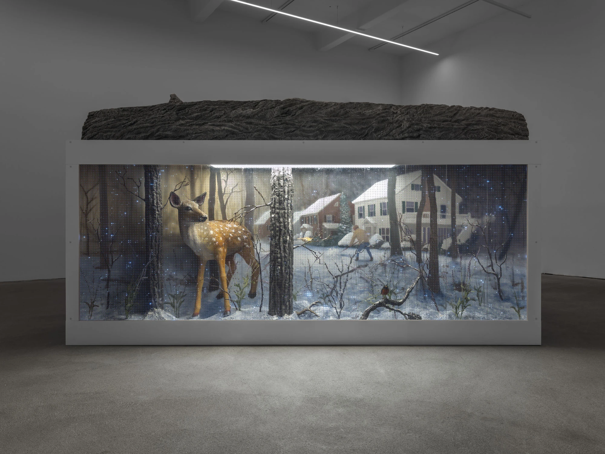 Cold Front by Trey Abdella at Kraupa-Tuskany Zeidler — A large-scale mixed-media installation depicting a winter landscape framed within a white-rendered box structure.