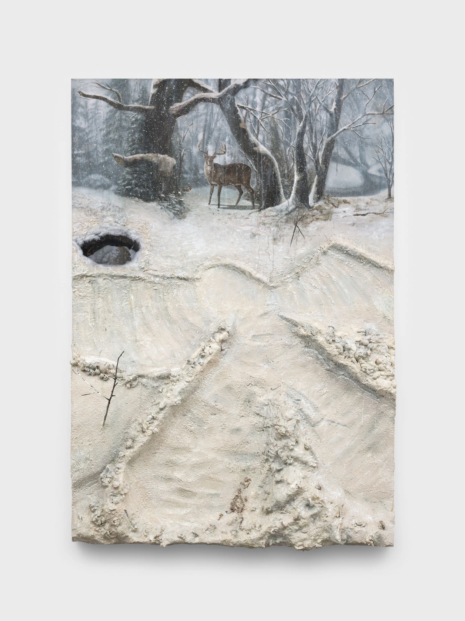 Cold Front by Trey Abdella at Kraupa-Tuskany Zeidler — A layered mixed-media work combining painted or printed imagery with sculptural accumulation.