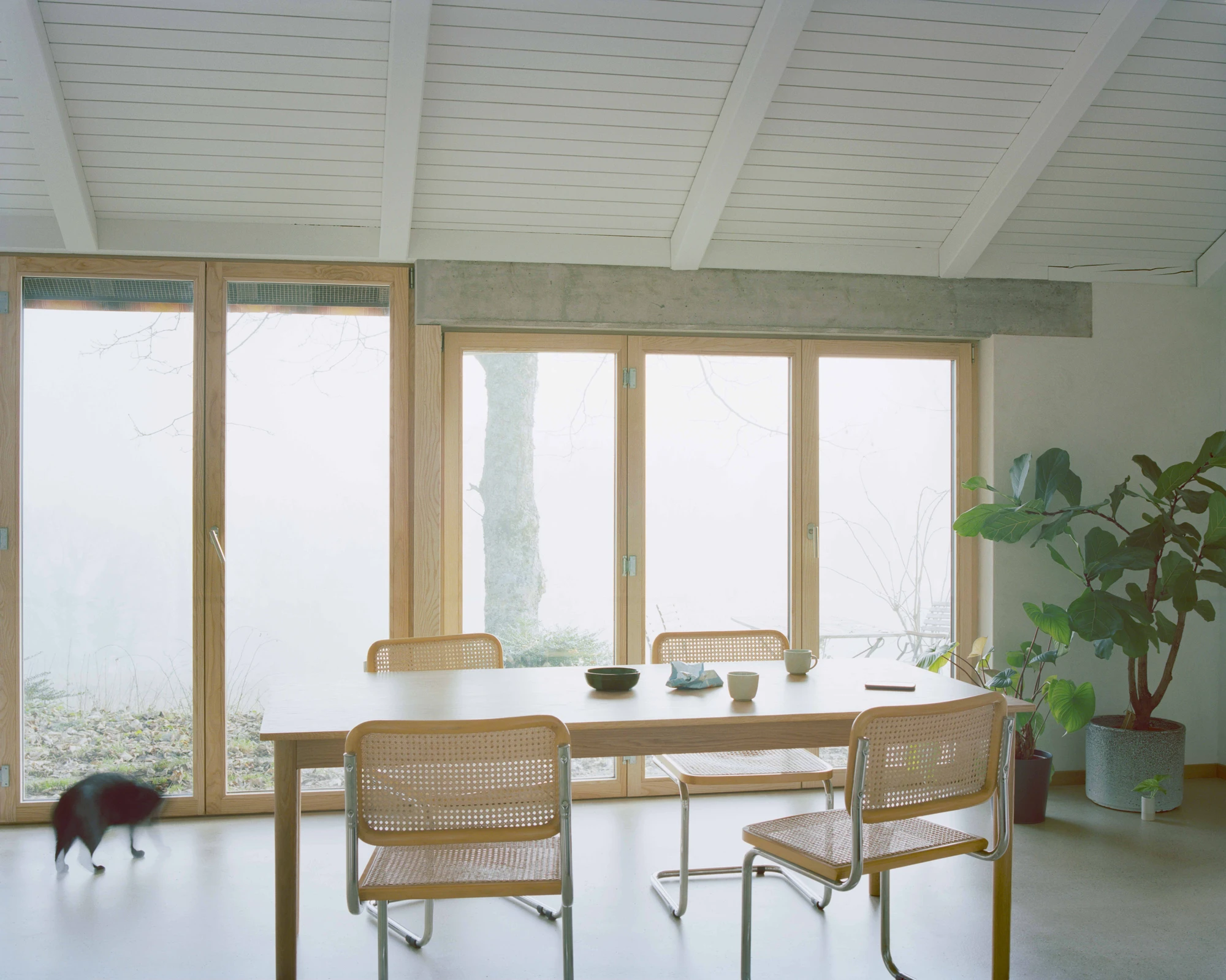 Family Villa by Noue Studio — A dining room bathed in overcast daylight frames a measured interior intervention.