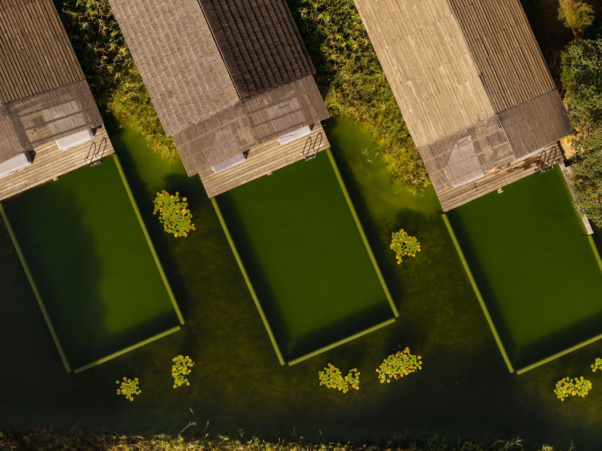 Sublime Comporta — Aerial perspective of modular timber pavilions with pitched roofs and corrugated cladding, arranged in linear succession along a waterway.