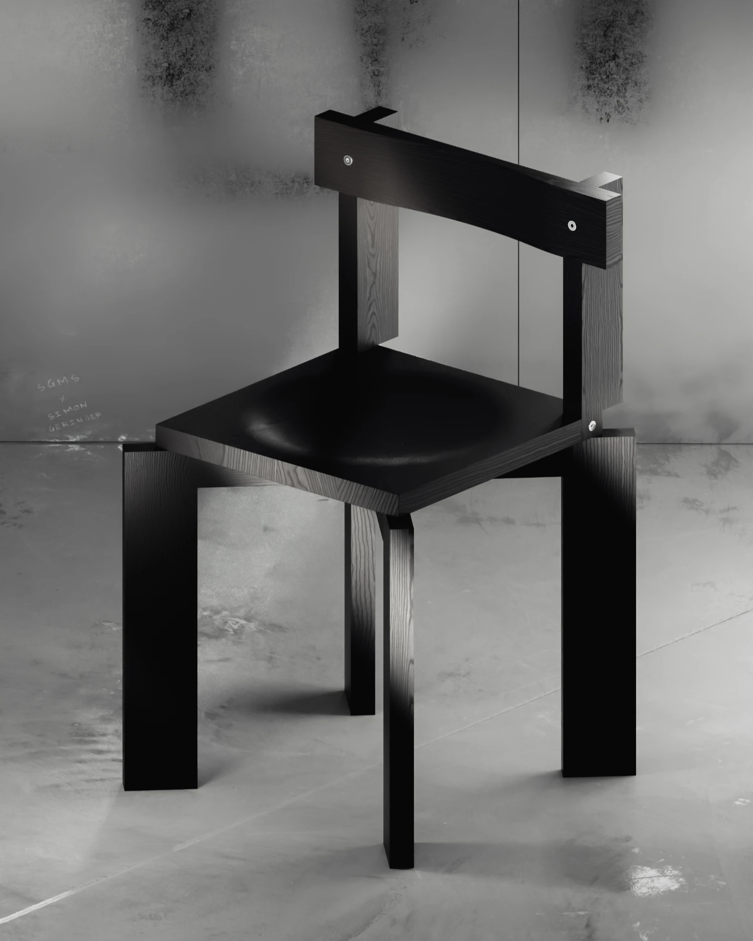 SHIFT CHAIR by SGMS Studio — SHIFT CHAIR by SGMS Studio presents a black timber frame with deliberately offset legs stepping away from vertical axis, creating constructed instability...