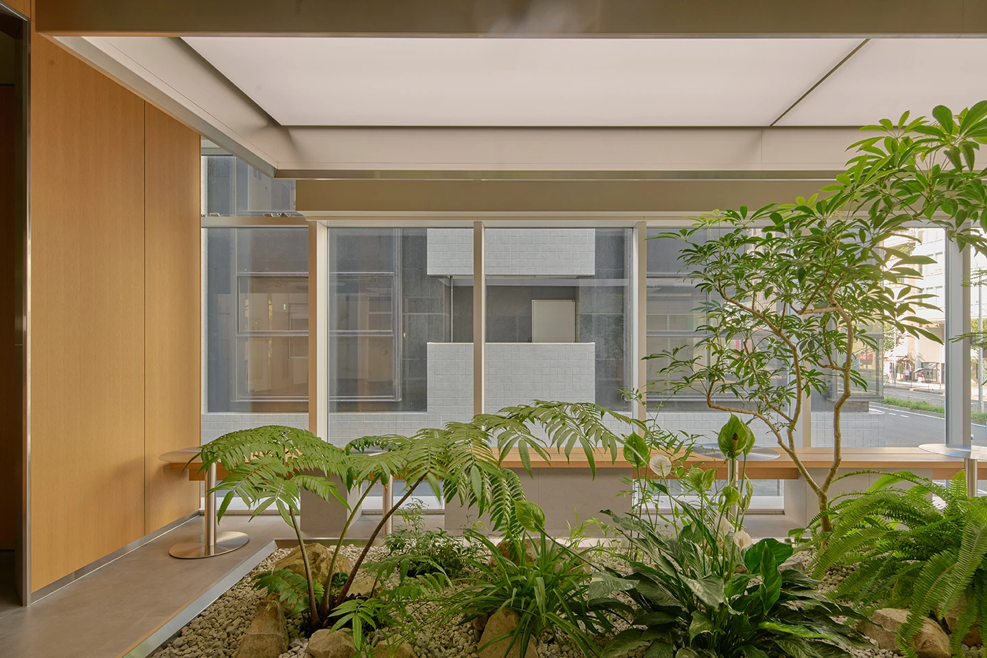 Alchemist Aoyama by Wynk Collaborative — A verdant interior garden occupies the central volume of Alchemist Aoyama's ground floor, bordered by pale aggregate flooring and dense planted vegetation...