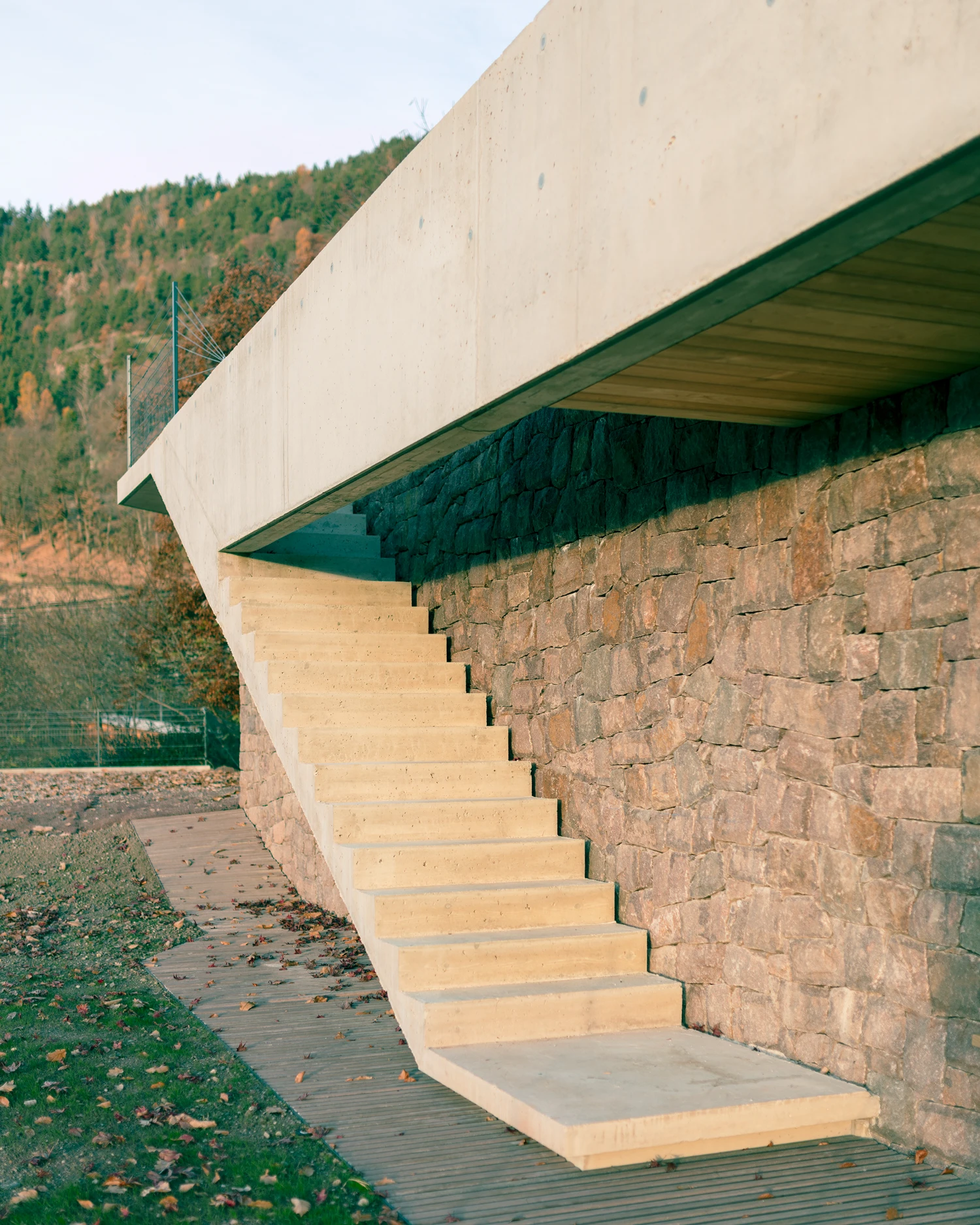 Casa Conte by Messner Architects — A monolithic concrete cantilever extends horizontally across a hillside, its underside creating a dramatic overhang above a timber staircase.
