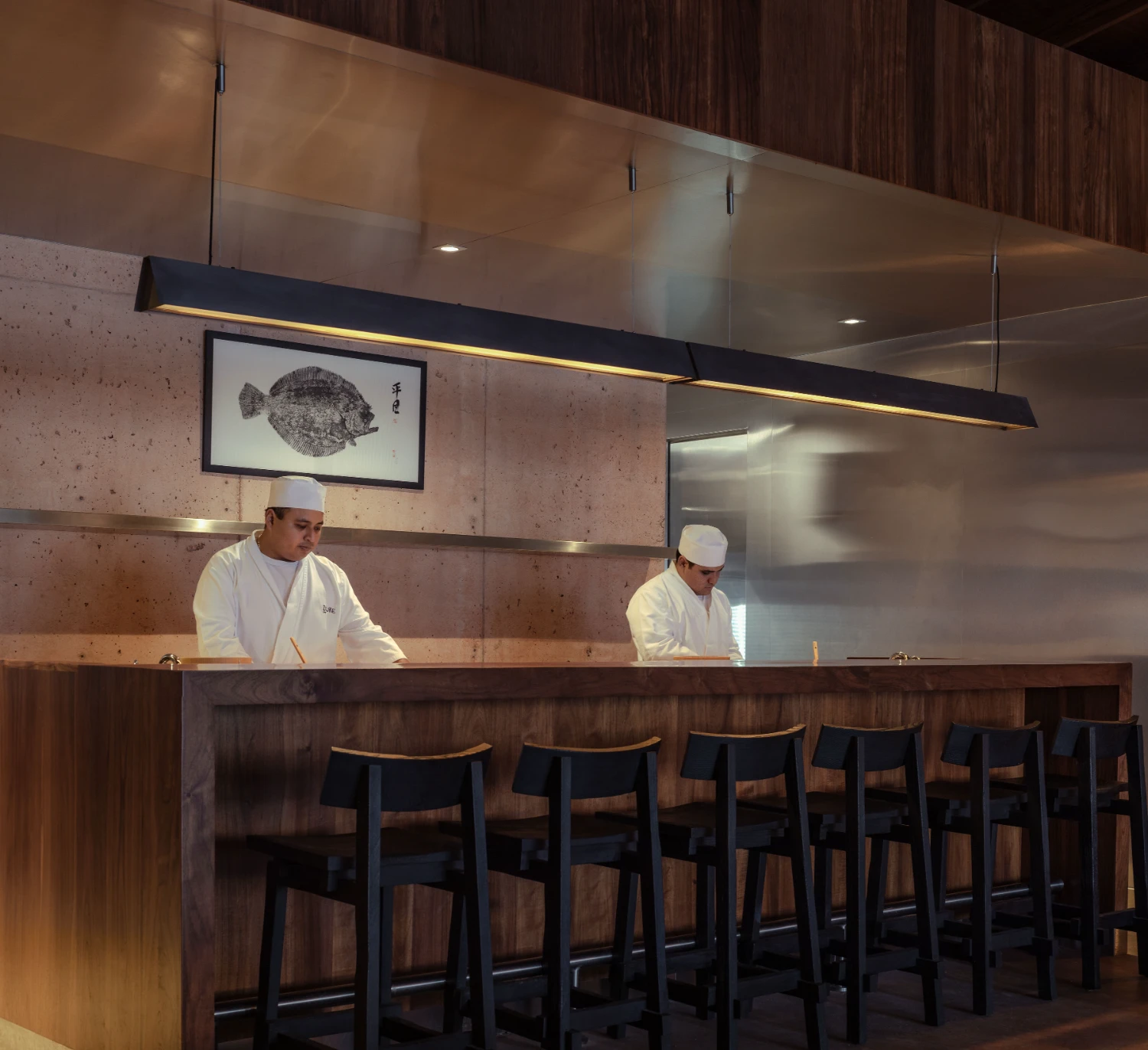 ZUKE Restaurant by Sofía Betancur + Taller Nacional — The sushi counter at ZUKE presents a studied composition of material restraint and functional clarity.