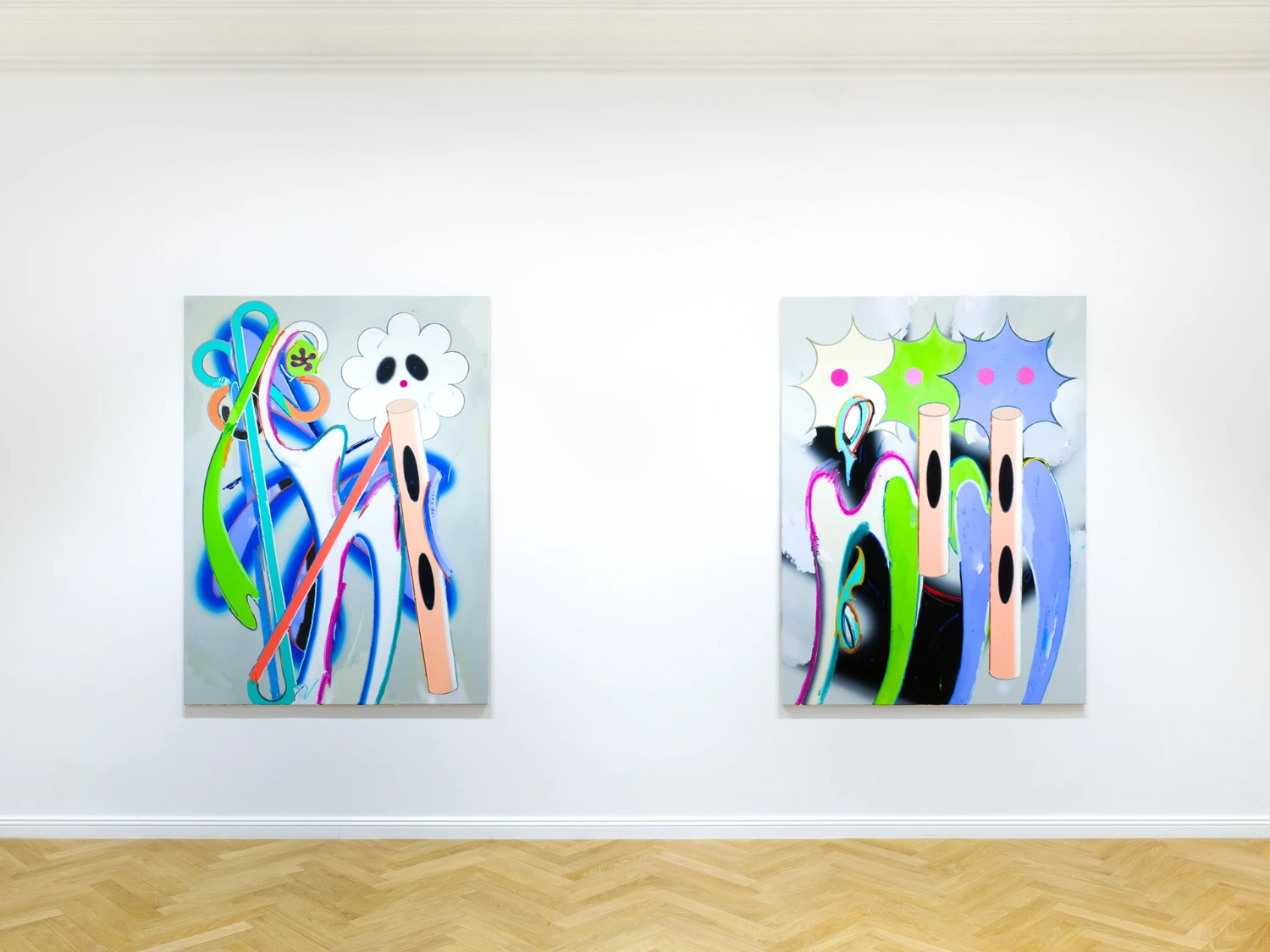 Bloom by Tomáš Absolon Milan Vagač at SPOT Gallery — Two large-scale mixed-media panels hang symmetrically on a white gallery wall, their compositions mirroring each other across the space.