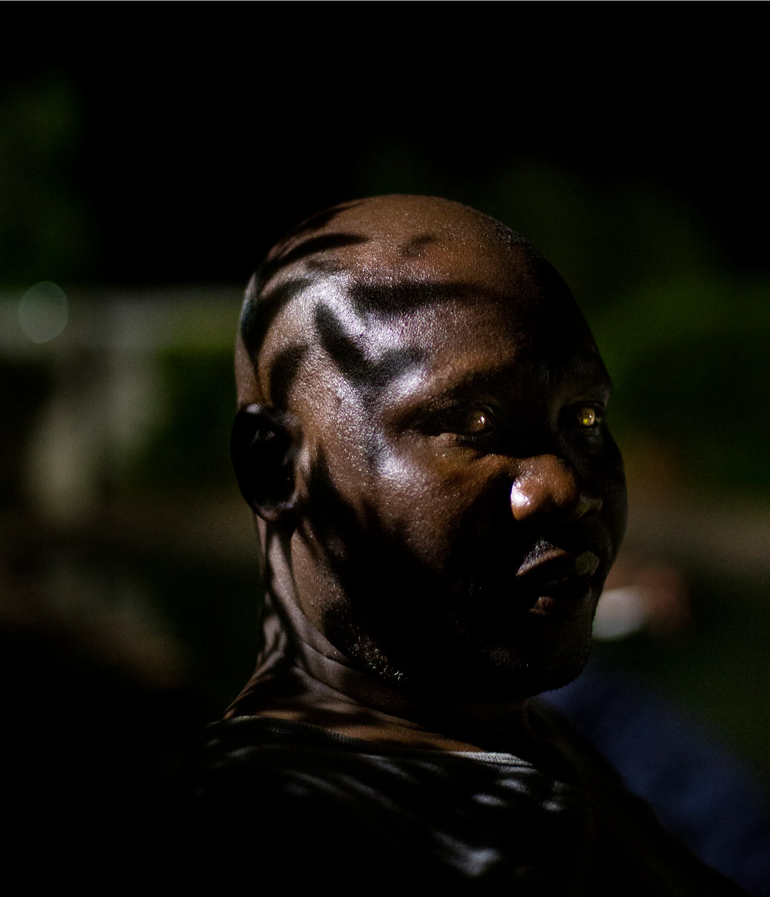 They Still Owe Him a Boat by Jono Terry — A portrait in profile capturing a figure adorned with cultural regalia set against a blurred rural landscape.