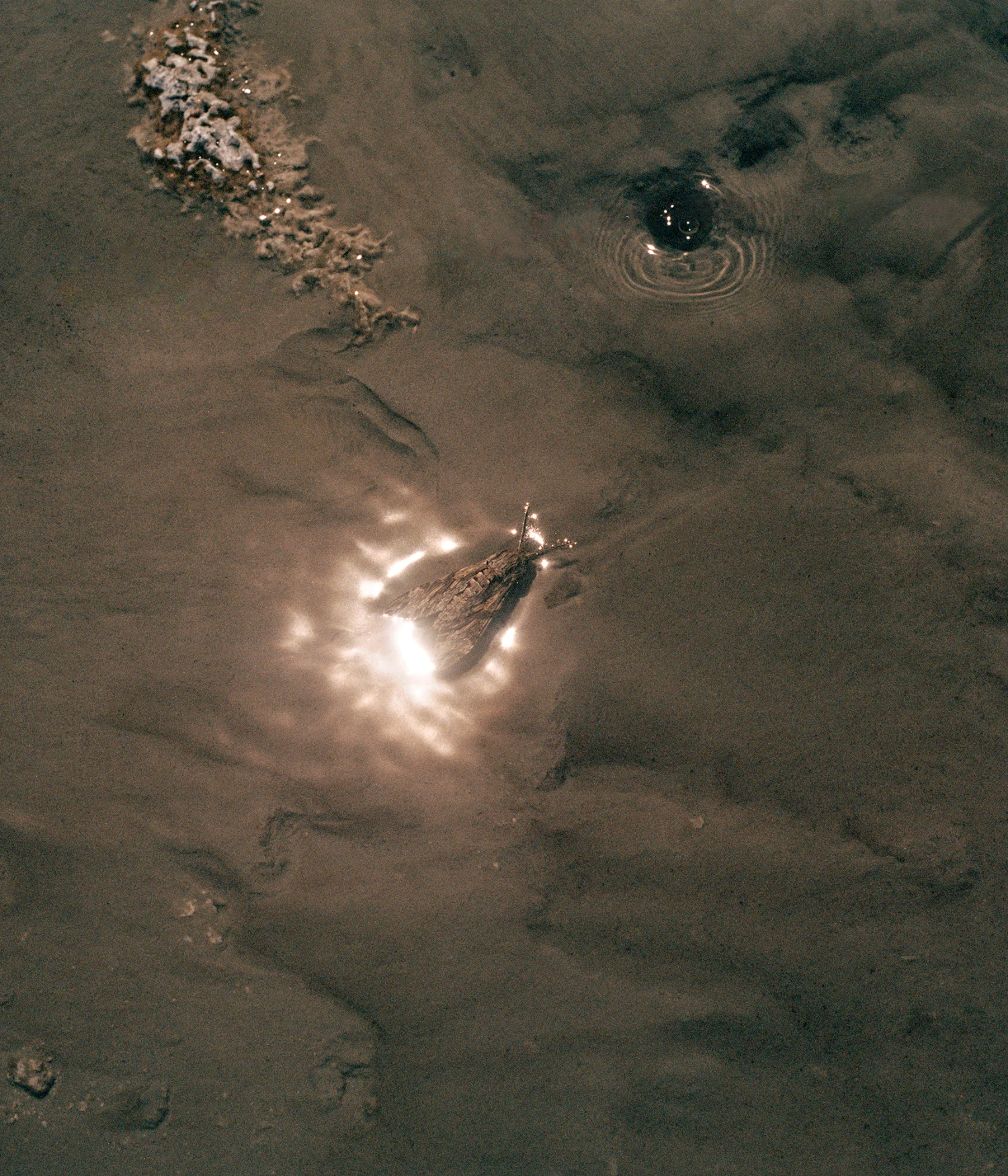 They Still Owe Him a Boat by Jono Terry — Aerial photograph of the Zambezi Valley landscape revealing water's surface scattered with shallow ripples and sediment patterns.