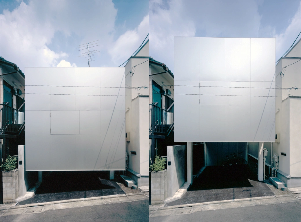 Long Tall House by Spacespace — Diptych documentation of the Long Tall House facade showing two operational states of the building's central panel system.