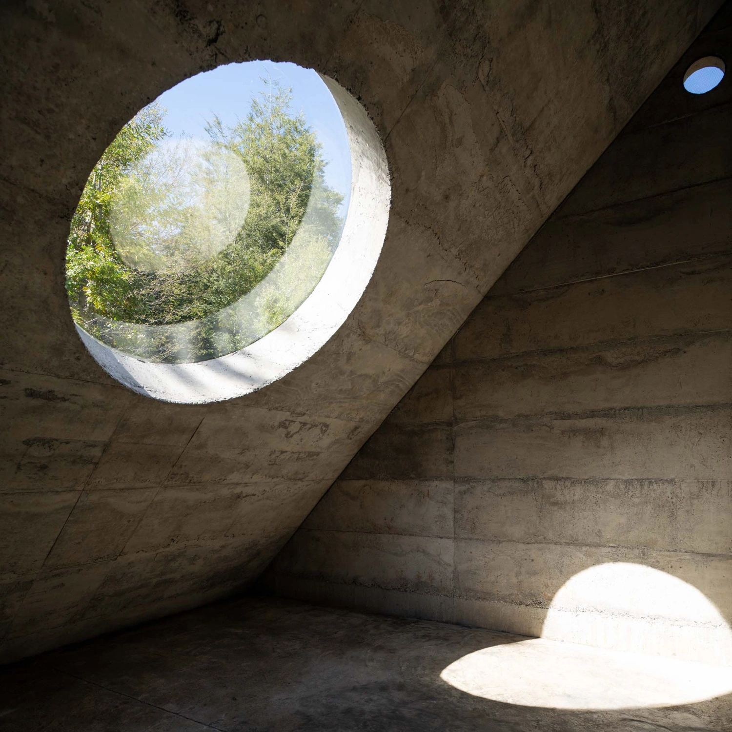 MIEL Pavilion by Pezo von Ellrichshausen — A circular aperture carved through the board-formed concrete ceiling frames a canopy of Coihue foliage and pale sky, its geometry echoed in the elliptical...
