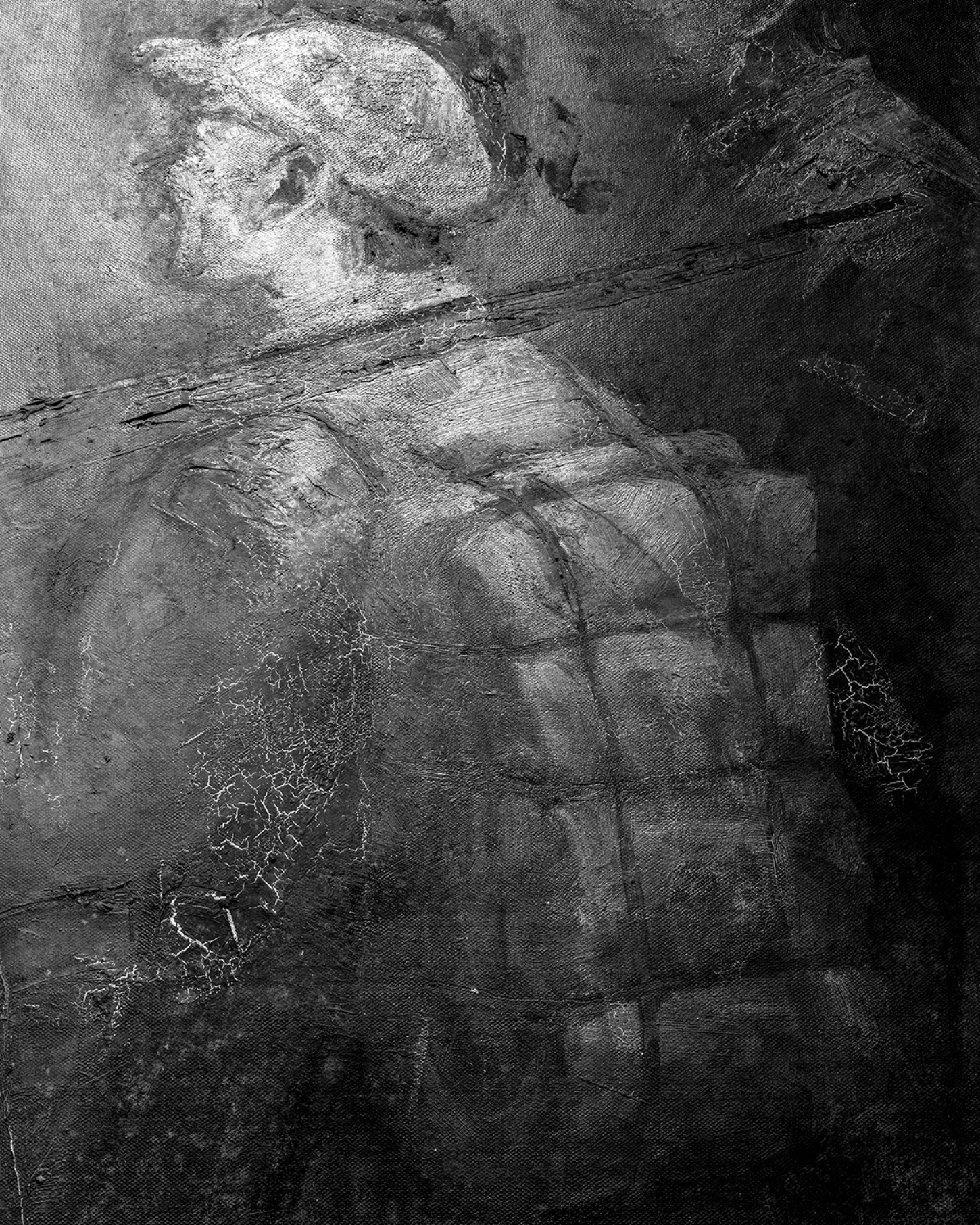 The Internal Crusade by Zexuan Zeng — A monolithic stone statue of a revolutionary figure dominates the composition, rendered in stark grey tones and positioned frontally within an urban...